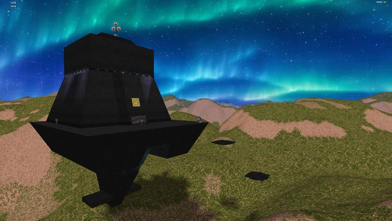 Aurora and stars over a hilltop base at night