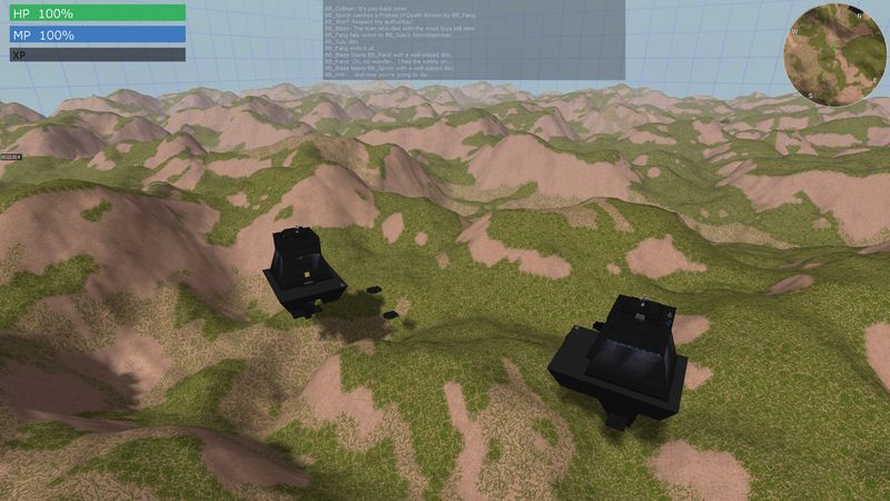 Valley overview with two bases while bots fight, chat log visible