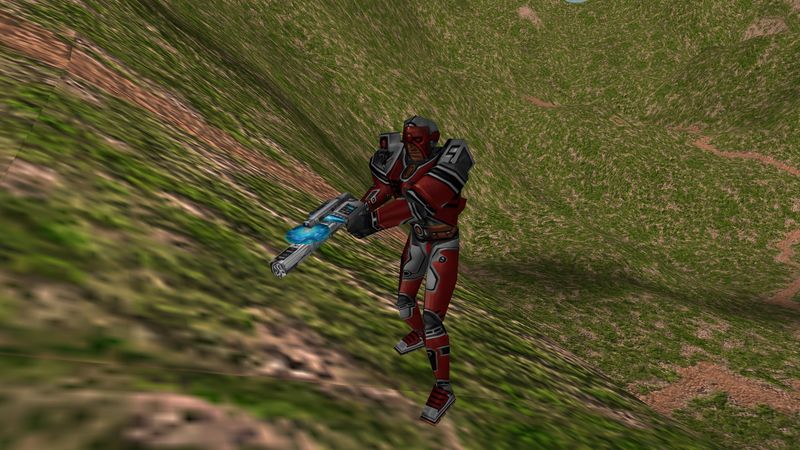 Player mid-air over a hillside with the disc launcher