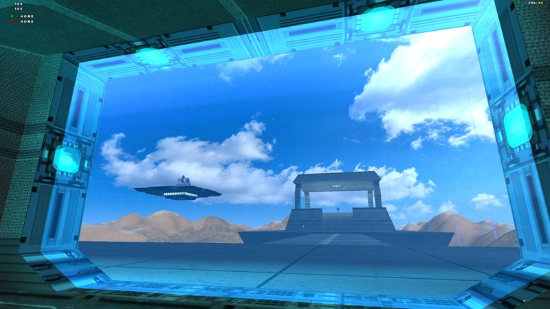 View from inside a hangar toward a capital ship on the horizon