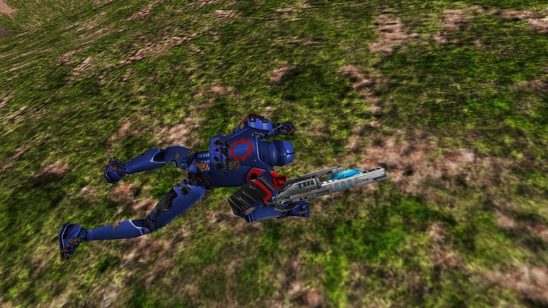 Blue-armored player skiing downhill at speed
