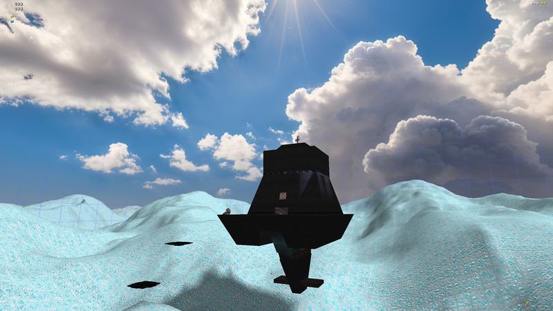 Sun rays and towering clouds over an ice field and base silhouette