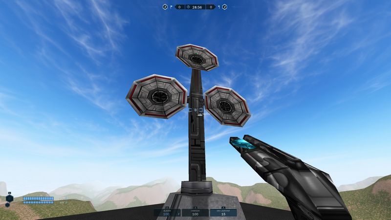 Triple-dish pulse sensor tower against a bright blue sky