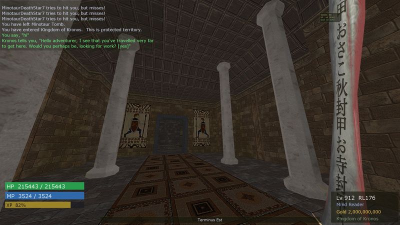 Pillared temple hall in the Kingdom of Kronos, with an NPC offering work