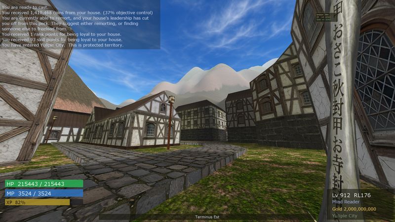 Half-timbered streets of Yuliple City under mountains in Tribes RPG