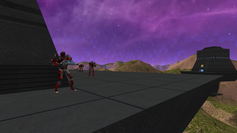 Armored players holding a rooftop platform