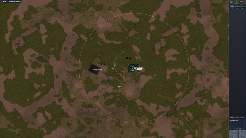 Commander map view with sensor rings, bases, turrets and bot positions