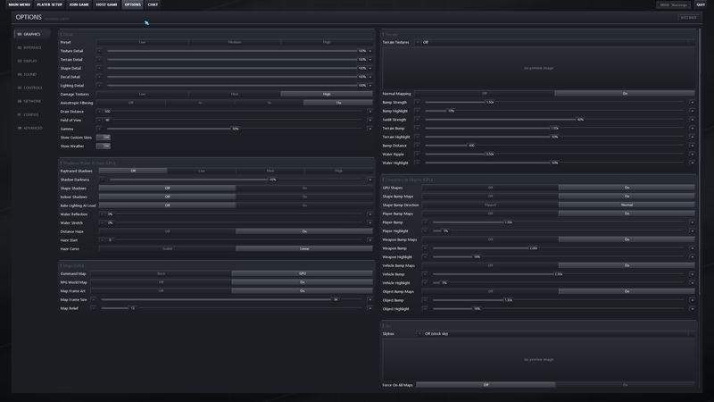 Graphics options covering shadows, water, normal maps and draw distance