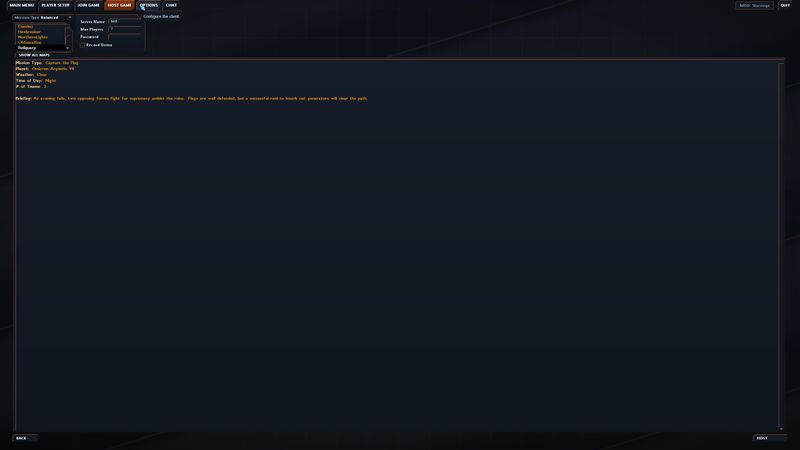 Host game screen with mission list and briefing