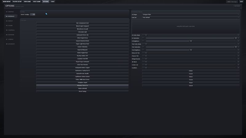 Interface options with a long list of UI skins and tuning sliders