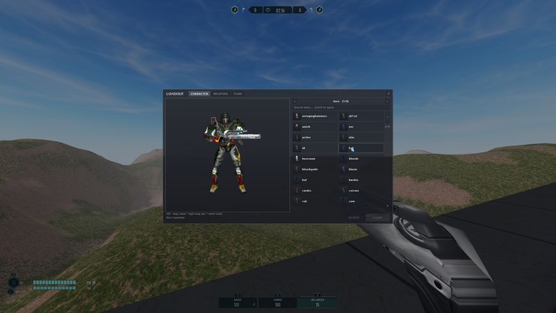 In-game loadout screen with a rotatable armor preview and searchable skin list