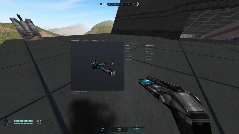 Loadout weapons tab with a 3D disc launcher preview and per-weapon texture choices