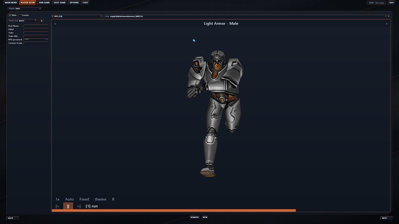 Player setup screen with a live animated armor preview