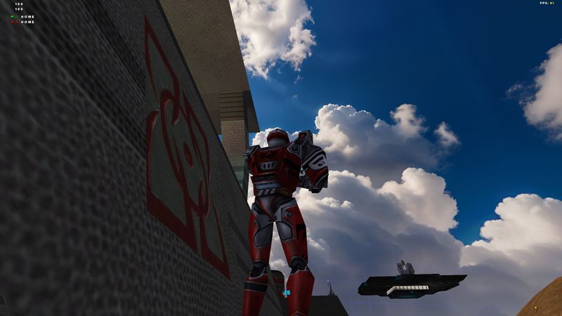 Heavy armor standing on a wall as a transport flies past
